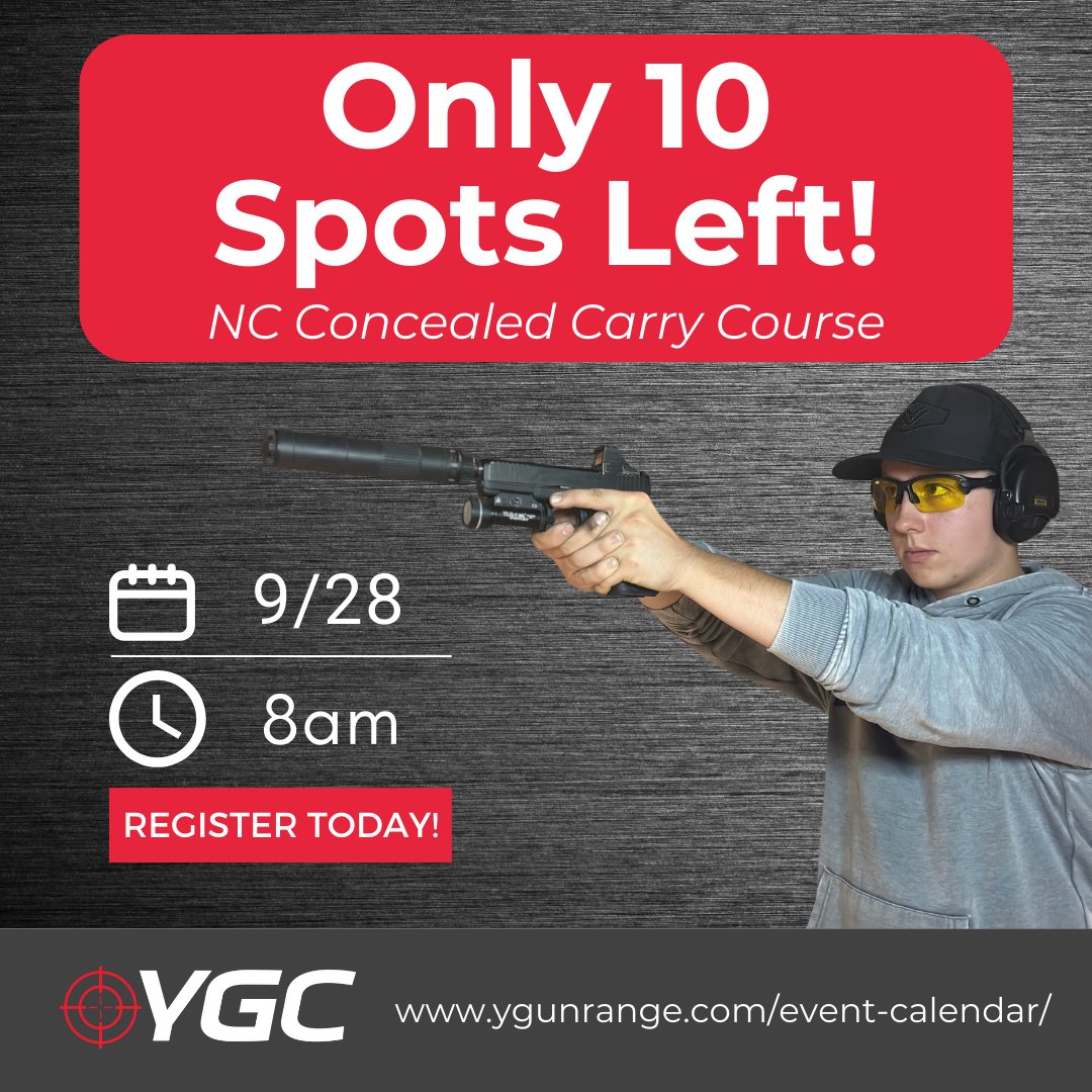 CapitolRangeNC's tweet photo. Last call! 🔥 Only 10 spots remain for our Concealed Carry class this Saturday (9/28). Register with the link in our bio!

#YGC #Education #concealedcarry #GunRange https://t.co/Gk5DT2EIq6