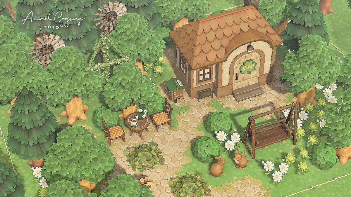 お庭の歩道クリエイト🌳その76
『森の別荘地🌳🌲🐑』

マイデザインいしだたみを使用した森の別荘地です🌼🌿

①歩道をひく　
②木と低木草花を置く
③家具を置く　
④完成です🍃

久し振りのマイデザイン歩道です☺️

#あつ森 #歩道クリエイト
 #animalcrossing #ACNH