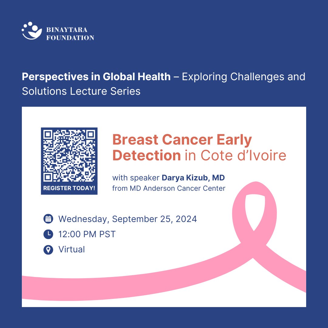 Binaytara (@binaytara) on Twitter photo Join us virtually tomorrow (9/25) at 🗓️12pm PST to learn more about 📢Breast Cancer Early Detection in Cote d’Ivoire from <a href="/DKizub/">Darya Kizub, MD 🇺🇦</a> (<a href="/MDAndersonNews/">MD Anderson Cancer Center</a>).
🌐Register here: binayfoundation-org.zoom.us/meeting/regist… Join us virtually tomorrow (9/25) at 🗓️12pm PST to learn more about 📢Breast Cancer Early Detection in Cote d’Ivoire from <a href="/DKizub/">Darya Kizub, MD 🇺🇦</a> (<a href="/MDAndersonNews/">MD Anderson Cancer Center</a>).
🌐Register here: binayfoundation-org.zoom.us/meeting/regist…