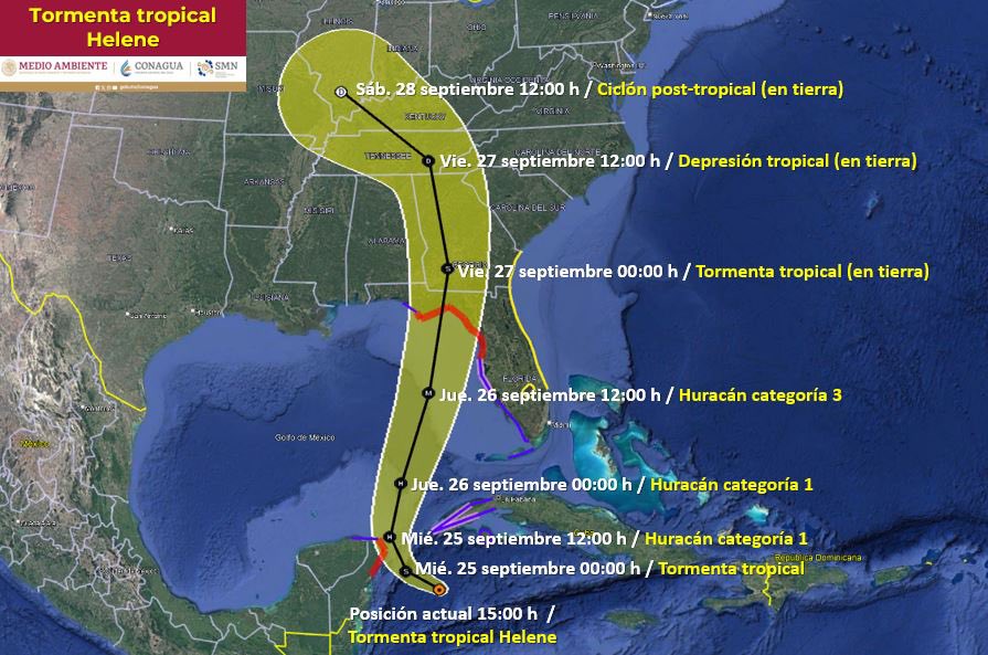 SPC_Solidaridad's tweet photo. #TiempoEnSolidaridad | 🌀 La #TormentaTropicalHelene, se mueve al Oeste-Noroeste a 19 kph, incrementando su potencial de evolución y sus bandas de nubes con lluvias puntuales torrenciales, fuertes rachas de vientos y oleaje elevado, además de intensa actividad eléctrica. https://t.co/djHyQs9vUl