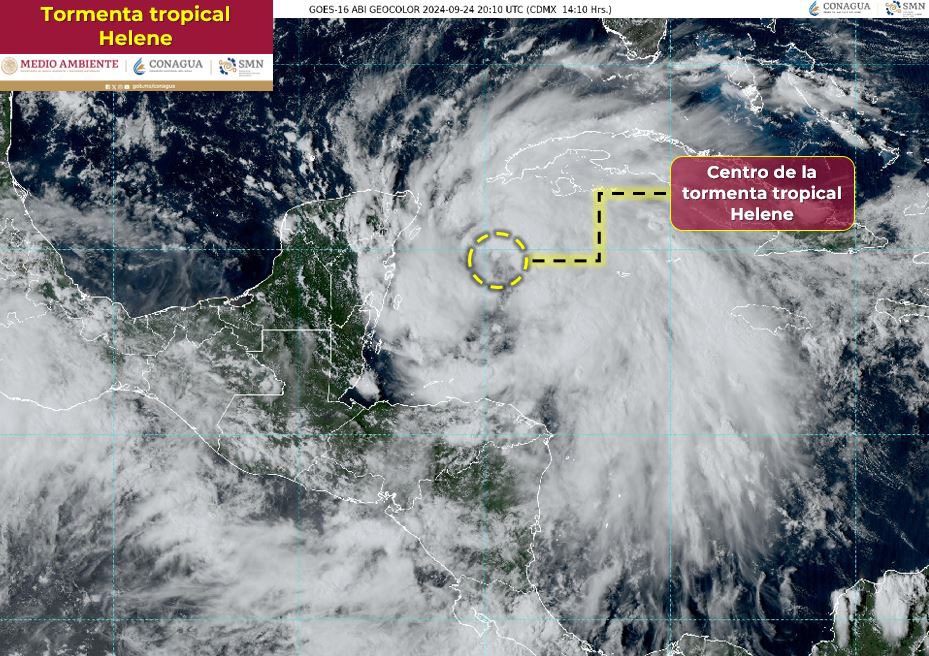 SPC_Solidaridad's tweet photo. #TiempoEnSolidaridad | 🌀 La #TormentaTropicalHelene, se mueve al Oeste-Noroeste a 19 kph, incrementando su potencial de evolución y sus bandas de nubes con lluvias puntuales torrenciales, fuertes rachas de vientos y oleaje elevado, además de intensa actividad eléctrica. https://t.co/djHyQs9vUl