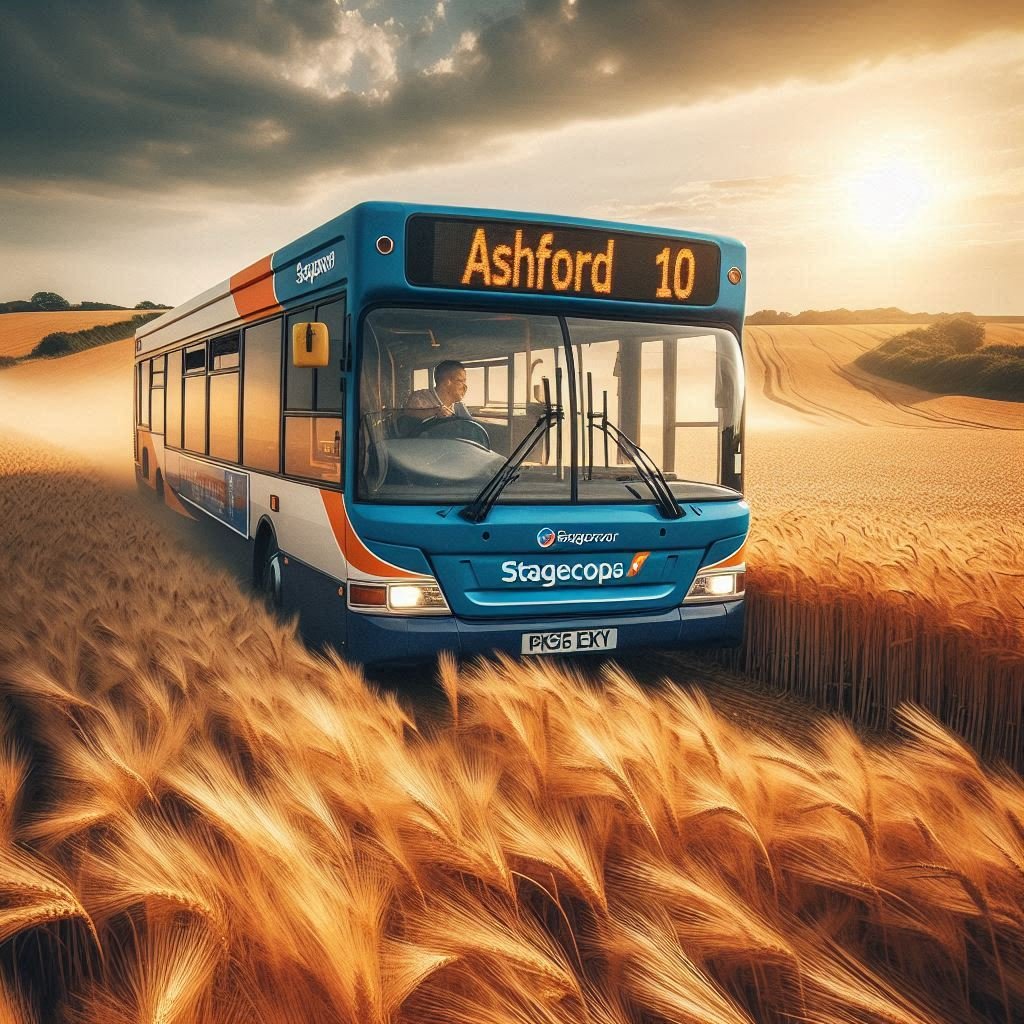 awesome_buses's tweet photo. I put some buses in some bizarre locations using AI. A dart in the middle of a crop field, and an E400 in the sea lol https://t.co/rcPRdZ9z8Q