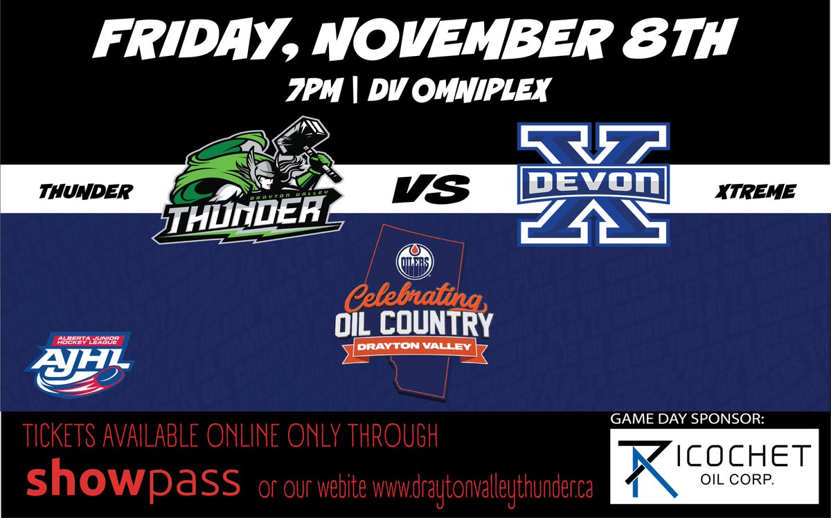 DVThunder's tweet photo. Celebrate Oil Country with us November 8th, 2024 when we host the @devonxtreme_ajhl at 7pm.

More event details will be available shortly.

Tickets for the game are available online only, get yours before they are all sold out!!
🎟️https://t.co/jkhlVFIUhI https://t.co/FoTwJjnbZB