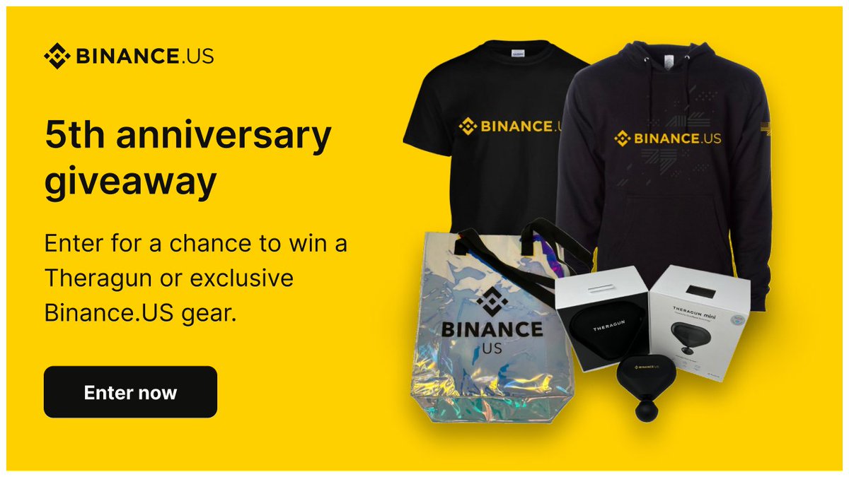 BinanceUS's tweet photo. 5 years of US, 5 epic prizes.

This is your chance to score a Theragun or exclusive branded gear.

To enter:
🔸 Reply to this post and tell us why you choose https://t.co/AZwoBOgsqS 
🔸 Follow @BinanceUS

Entries judged on quality &amp; creativity.

Details: https://t.co/d6QQgdFSln https://t.co/V0etcHa2AA