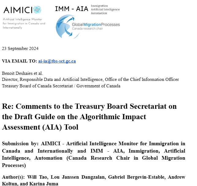 Wei William (Will) Tao|陶维 (@thewilltruth) on Twitter photo Thrilled to have been part of another consultation with the <a href="/TBS_Canada/">TBS Canada</a>, this time as a collaboration between AIMICI and IMM - AIA.
We were invited to provide comment on the Algorithmic Impact Assessment Guide that is being proposed to assist Canadian Government Departments Thrilled to have been part of another consultation with the <a href="/TBS_Canada/">TBS Canada</a>, this time as a collaboration between AIMICI and IMM - AIA.
We were invited to provide comment on the Algorithmic Impact Assessment Guide that is being proposed to assist Canadian Government Departments