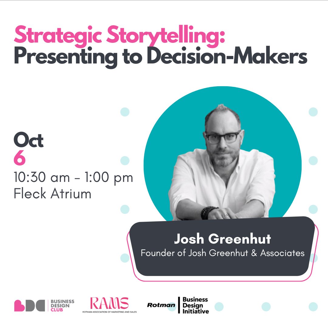 Rotman_RAMS's tweet image. Join us for our workshop, Strategic Storytelling: Presenting to Decision-Makers!

📅 When: Oct 6, 10:30 AM – 1:00 PM
👤 Facilitator: Josh Greenhut

Register on the HUB now!