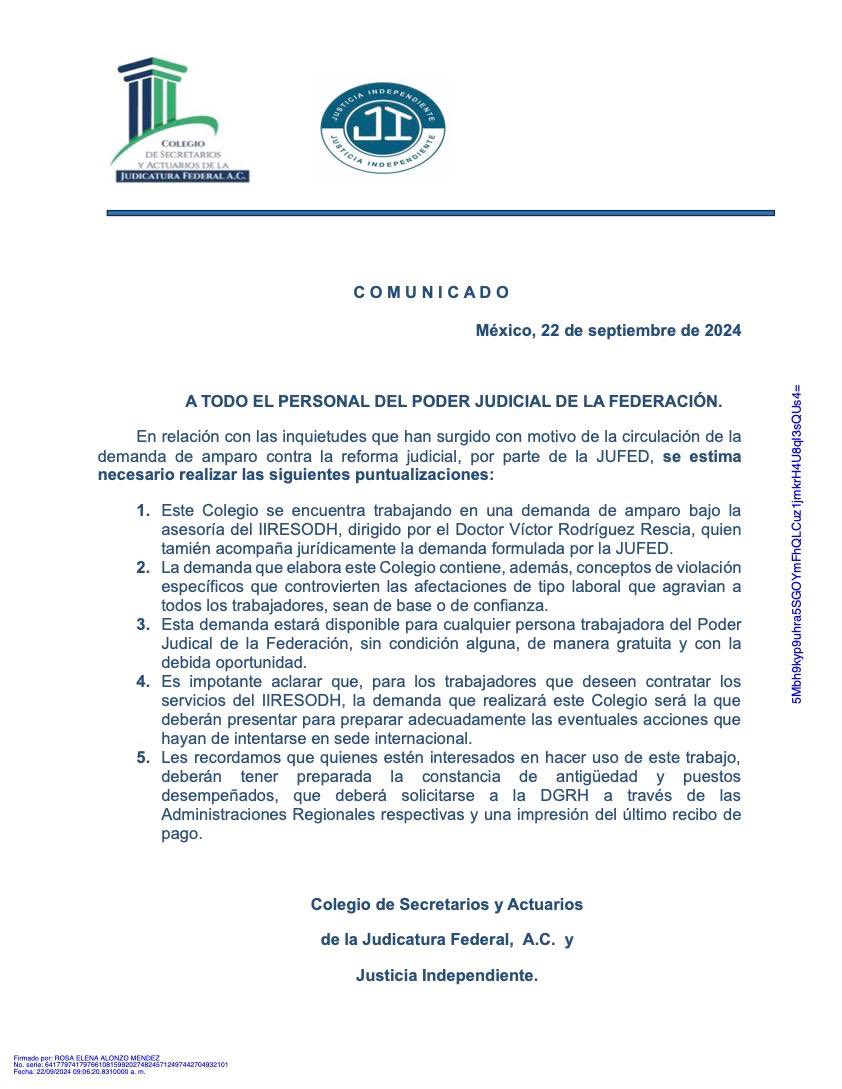⭕️🟢🔵🔴🔴  A fin de aclarar las dudas sobre la demanda que JUFED ha compartido. El Colegio hace las manifestaciones que obran en el COMUNICADO adjunto.