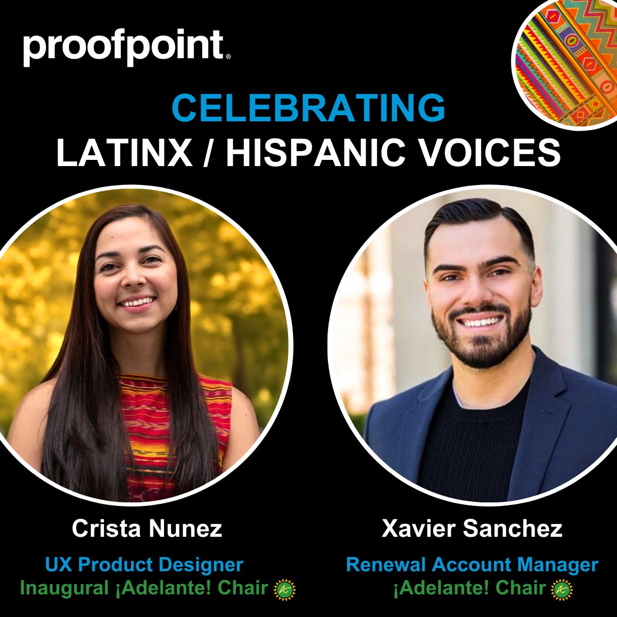 As we continue celebrating #LatinxHispanicHeritageMonth, this week we’re spotlighting Crista and Xavier. 

Remember to register &amp; attend "Diversity in Defense Webinar: Celebrating Latinx/Hispanic Voices in Cybersecurity" on October 8th.

ow.ly/vSiK50Tulz9
#LifeAtProofpoint