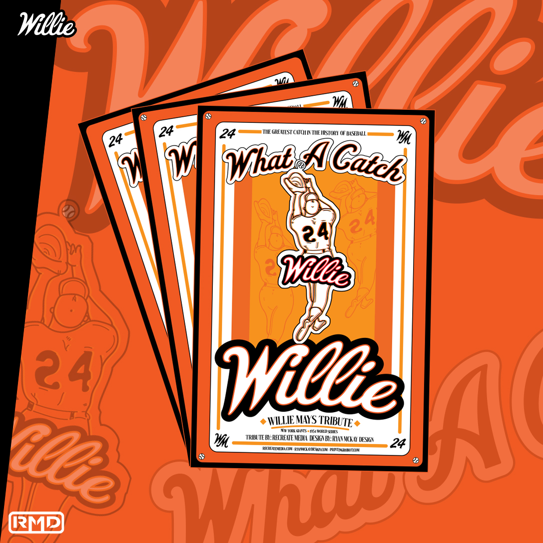 ryanmckaydesign's tweet photo. "What a Catch Willie" poster print design with a tribute to #WillieMays and his infamous catch back in 1954, prints available online at https://t.co/a9QQquU6QO #MLB #Sports #Prints https://t.co/Z7d8RKBhmQ
