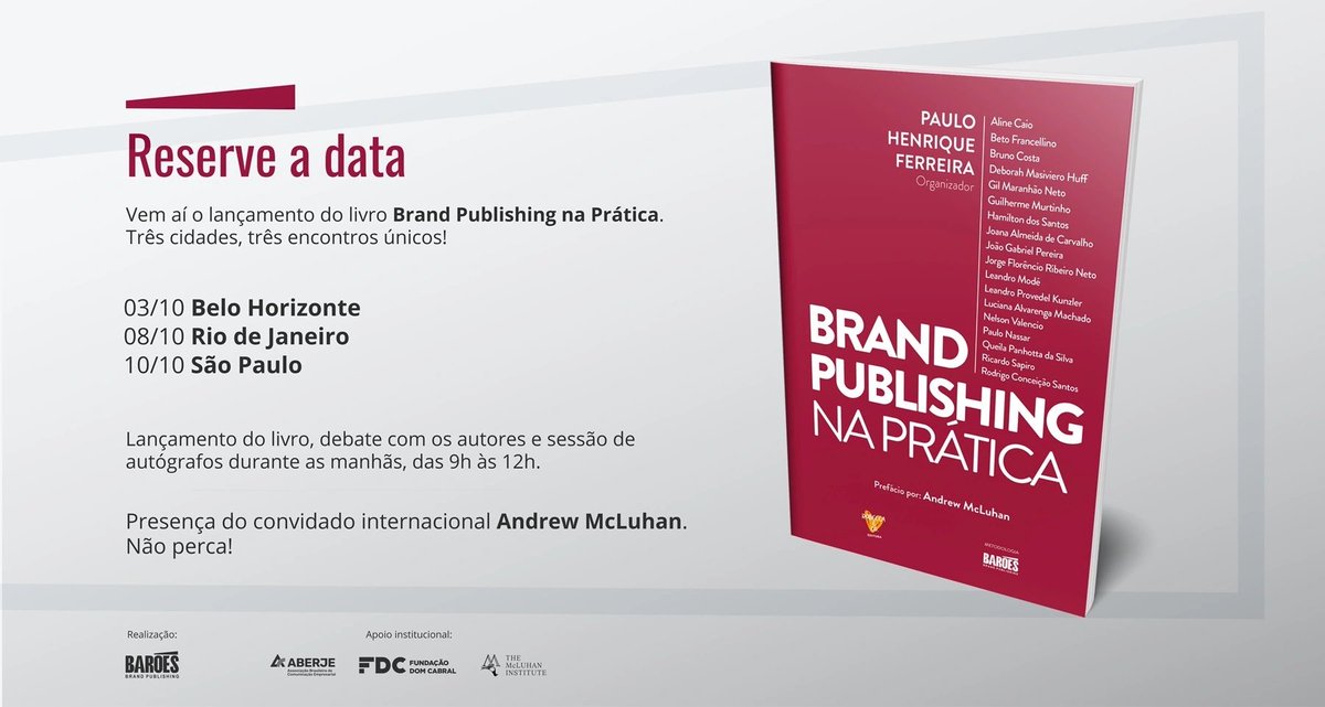 brandpubbr's tweet photo. BH, Rio e São Paulo recebem eventos de lançamento do livro “Brand Publishing na Prática” https://t.co/1884F3ilyu https://t.co/EwbrHiQElz