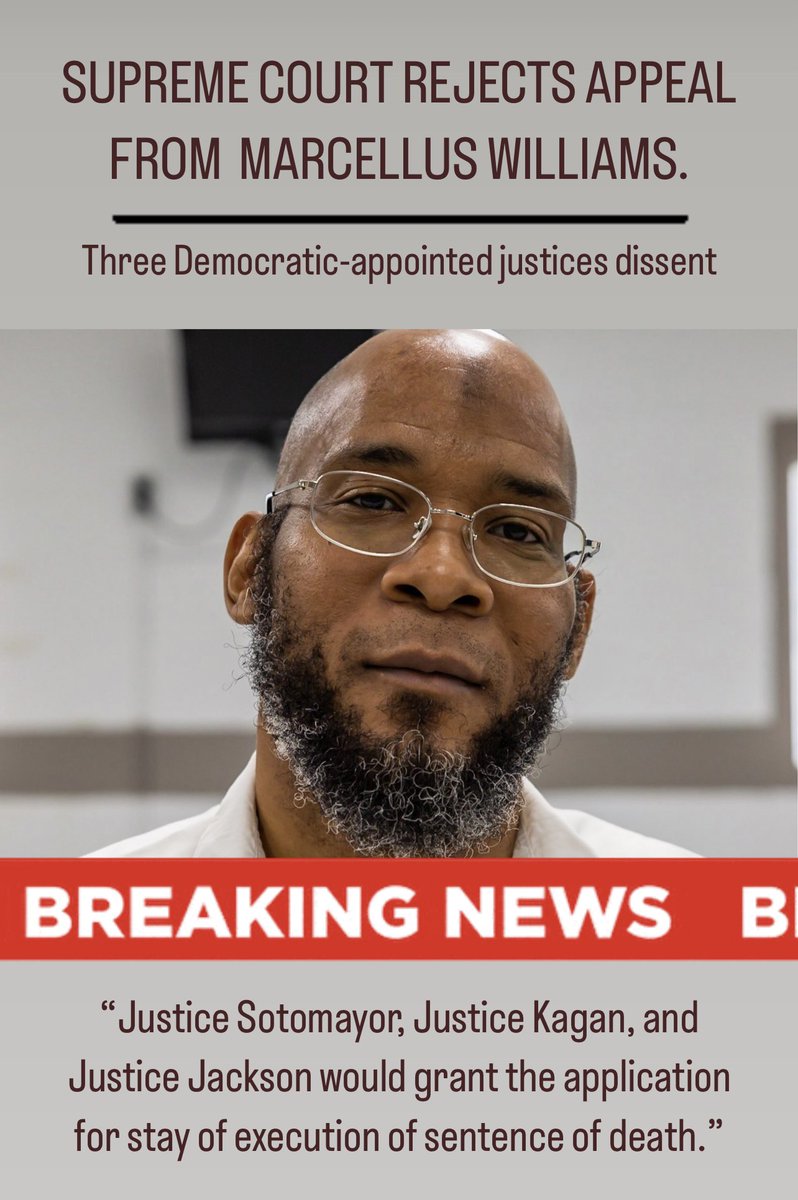 The Supreme Court will allow Missouri to execute Marcellus Williams tonight, even though the prosecutor filed a motion to vacate his conviction. The three Democratic-appointed justices dissented.

Don’t ever tell me it doesn’t matter who wins elections. This is life or death.