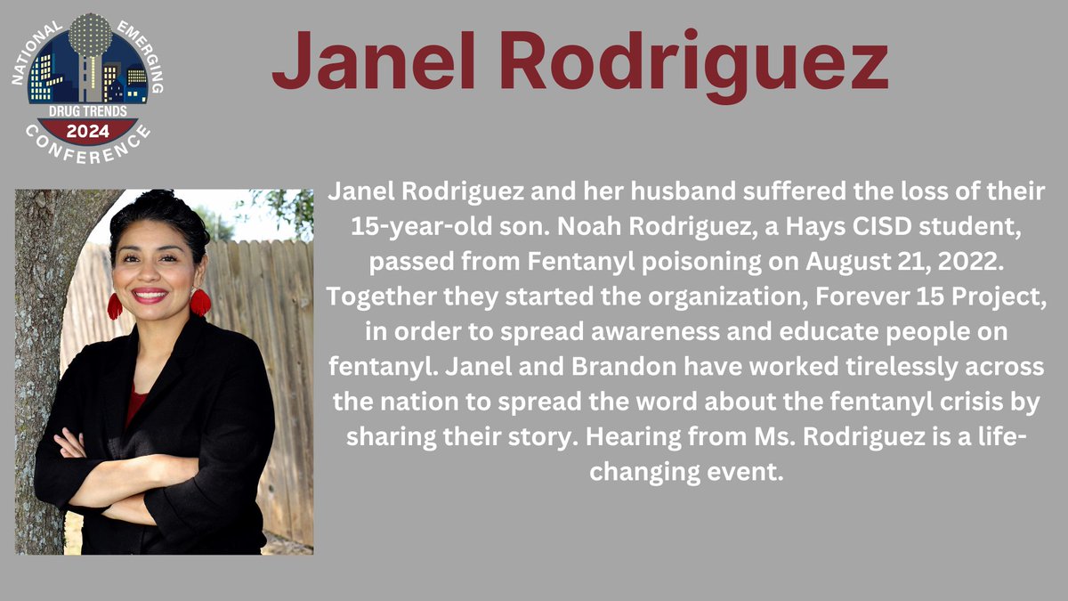 EmergingDrugCon's tweet photo. We are proud to introduce Janel Rodriguez to our 3rd Annual conference where she will be discussing “Fighting Fentanyl: The Noah Rodriguez Story”
#edt2024 #emergingdrugtrends #toxicology #ForensicScience #ImpairedDriving

Register by clicking the link!
https://t.co/s5nfJa9GXq https://t.co/6QwtsDcboc