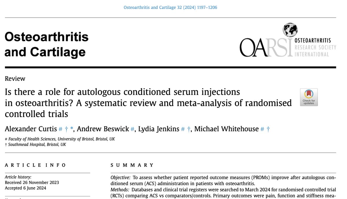 Osteoarthritis and Cartilage Journals (@oacjournal) on Twitter photo 🌶️ in this month's <a href="/OACJournal/">Osteoarthritis and Cartilage Journals</a>
"There is currently insufficient data to support the use of autologous conditioned serum injections in #osteoarthritis"
Read for free from Curtis et al <a href="/BristolBRC/">NIHR Bristol Biomedical Research Centre (BRC)</a> - oarsijournal.com/article/S1063-… 🌶️ in this month's <a href="/OACJournal/">Osteoarthritis and Cartilage Journals</a>
"There is currently insufficient data to support the use of autologous conditioned serum injections in #osteoarthritis"
Read for free from Curtis et al <a href="/BristolBRC/">NIHR Bristol Biomedical Research Centre (BRC)</a> - oarsijournal.com/article/S1063-…
