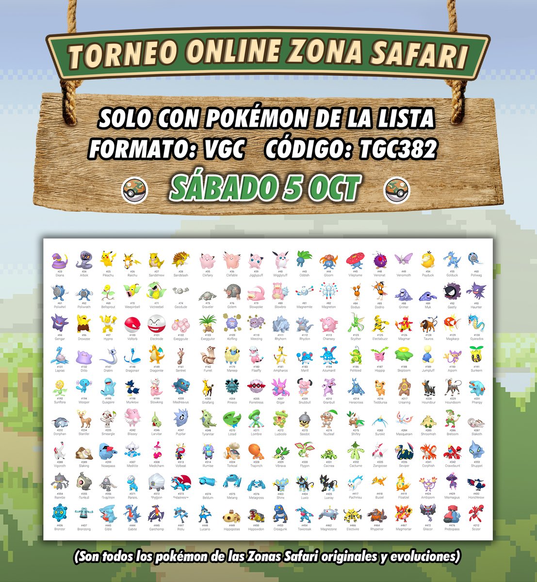 PodcasZSafari's tweet photo. 💥¡1º TORNEO ONLINE ZONA SAFARI!
En honor a nuestro podcast el 5 OCTUBRE a las 19:00

🟢SOLO con Pokémon de la imagen
🟢No se pueden repetir ni objetos ni Pokémon
🟢Formato DOBLES VGC. Llevas 6 y escoges 4

👉Con PREMIO al ganador
Para apuntarte, usa en consola el código: TGC382 https://t.co/txrZYwSIkZ