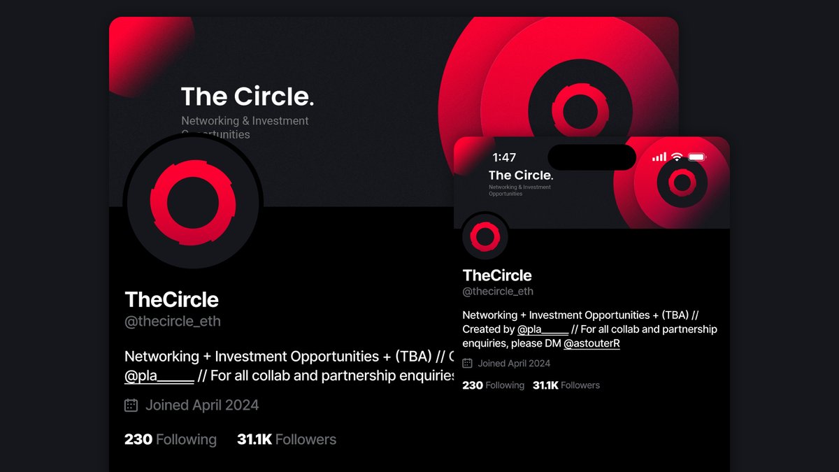 Ilias_Chakri's tweet photo. Excited to unveil the new profile picture and banner redesign for @thecircle_eth! 🎨🚀 A fresh look to match our rebrand and vision. 
#BlockchainDesign #HoodieDesign #CryptoFashion #Web3Fashion #StreetwearDesign #ProfileRedesign #BannerDesign #Rebrand #Web3Design #Onlyinthecircle https://t.co/PjHmnmc2YJ