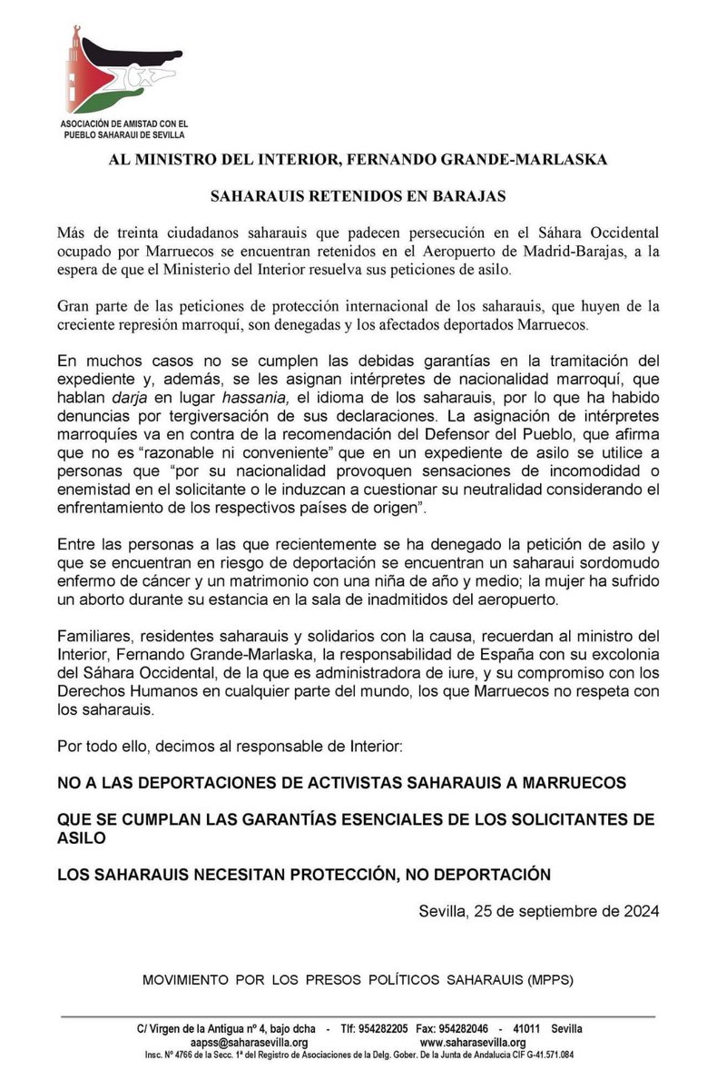 𝗖𝗢𝗡𝗩𝗢𝗖𝗔𝗧𝗢𝗥𝗜𝗔: Miércoles 25, 12 h., en la Delegación del Gobierno de Andalucía, entrega comunicado avalado por organizaciones sociales y políticas al ministro Marlaska contra su política de deportaciones de activistas saharauis a Marruecos. ¡Acompáñanos! ✌🏽🇪🇭