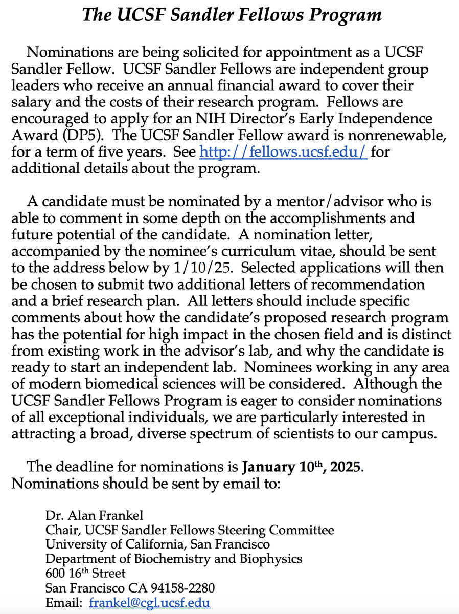 Martin Kampmann (@martinucsf) on Twitter photo Are you interested in "skipping the postdoc" and starting your independent lab in biomedical research as a fellow?
Check out the <a href="/UCSF/">UC San Francisco</a> Sandler Fellows Program!
Nominations are due 1/10/2025 - more info below.
fellows.ucsf.edu Are you interested in "skipping the postdoc" and starting your independent lab in biomedical research as a fellow?
Check out the <a href="/UCSF/">UC San Francisco</a> Sandler Fellows Program!
Nominations are due 1/10/2025 - more info below.
fellows.ucsf.edu