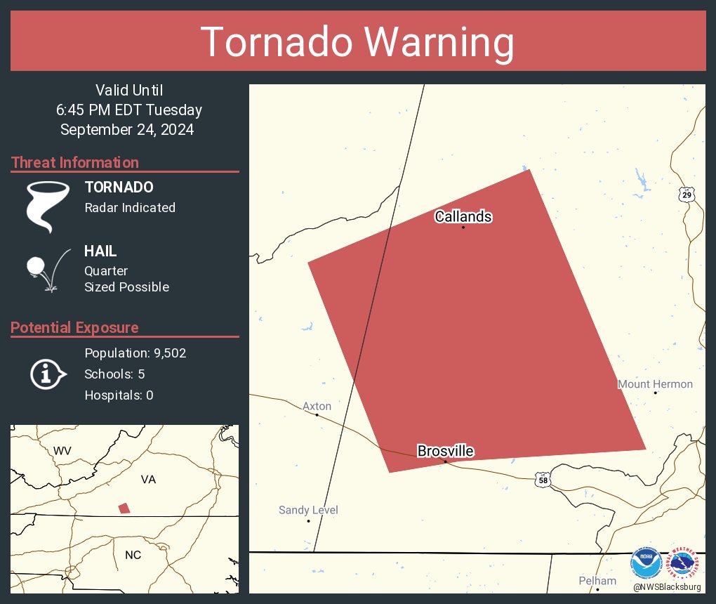 NWStornado's tweet photo. Tornado Warning continues for Callands VA and  Brosville VA until 6:45 PM EDT https://t.co/97m3wHbz4a