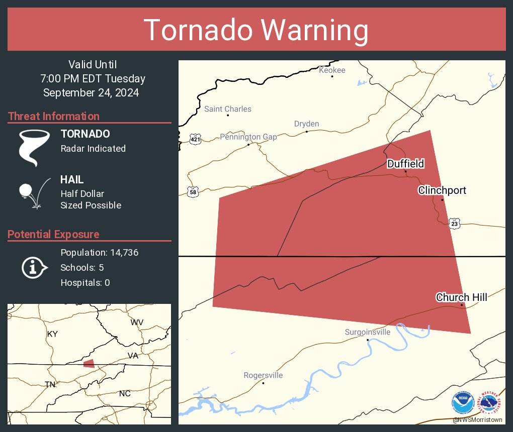 Tornado Warning continues for Church Hill TN, Duffield VA and  Clinchport VA until 7:00 PM EDT
