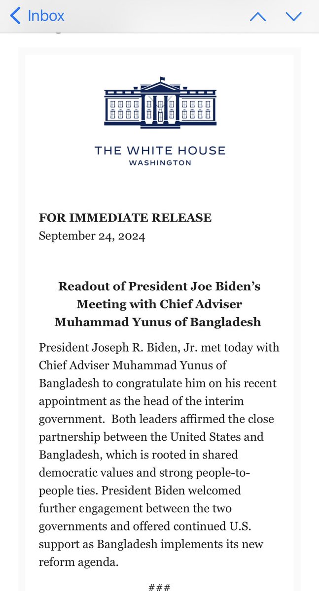 MushfiqulFazal's tweet photo. President Biden welcomed further engagement between the two governments and reaffirmed U.S. support as Bangladesh implements its new reform agenda. Here is the readout of the historic meeting between @POTUS and @ChiefAdviserGoB , held in NY today. https://t.co/m9evyPR8yB