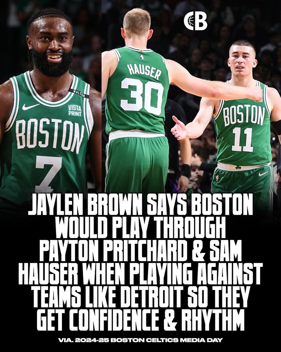 CourtsideBuzzX's tweet photo. Jaylen Brown says the Boston Celtics would play through Payton Pritchard and Sam Hauser when playing against bottom feeder teams like the Detroit Pistons so they could gain confidence & rhythm ☘️💪

“Don’t mean to disrespect them, but, the Detroit Pistons, who, have struggled over the last year or two: We gonna play through Payton, let him go for 30. Play through Sam, let him shoot 10 threes tonight. We gonna still win the game. That gives those guys confidence, ability to run free & we gonna need that down the line.” 

Pritchard averaged 6.4 PPG in 18.7 MPG & Hauser averaged 5.4 PPG in 14.9 MPG for Boston in the playoffs as Brown described as “down the line!” 💪