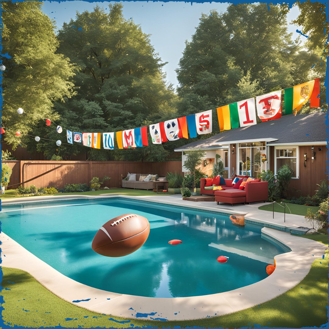 theTVshield's tweet image. We asked AI for an image of a backyard and pool with a football. Here's what we got. The giant football is pretty interesting. : ) Image is generated by Canva.ai. #PoolsideFootball #RelaxAndUnwind #FootballSeason #PoolFans #PoolStyle