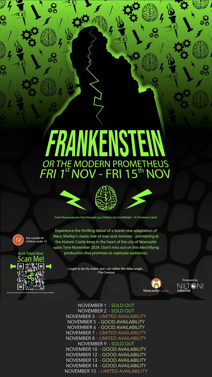 Limited availability. Get your tickets now ! #Frankenstein or the modern Prometheus. <a href="/NewcastleCastle/">Newcastle Castle</a> book here : niltoni.com/event-details/… #Halloween #Newcastle #Theatre