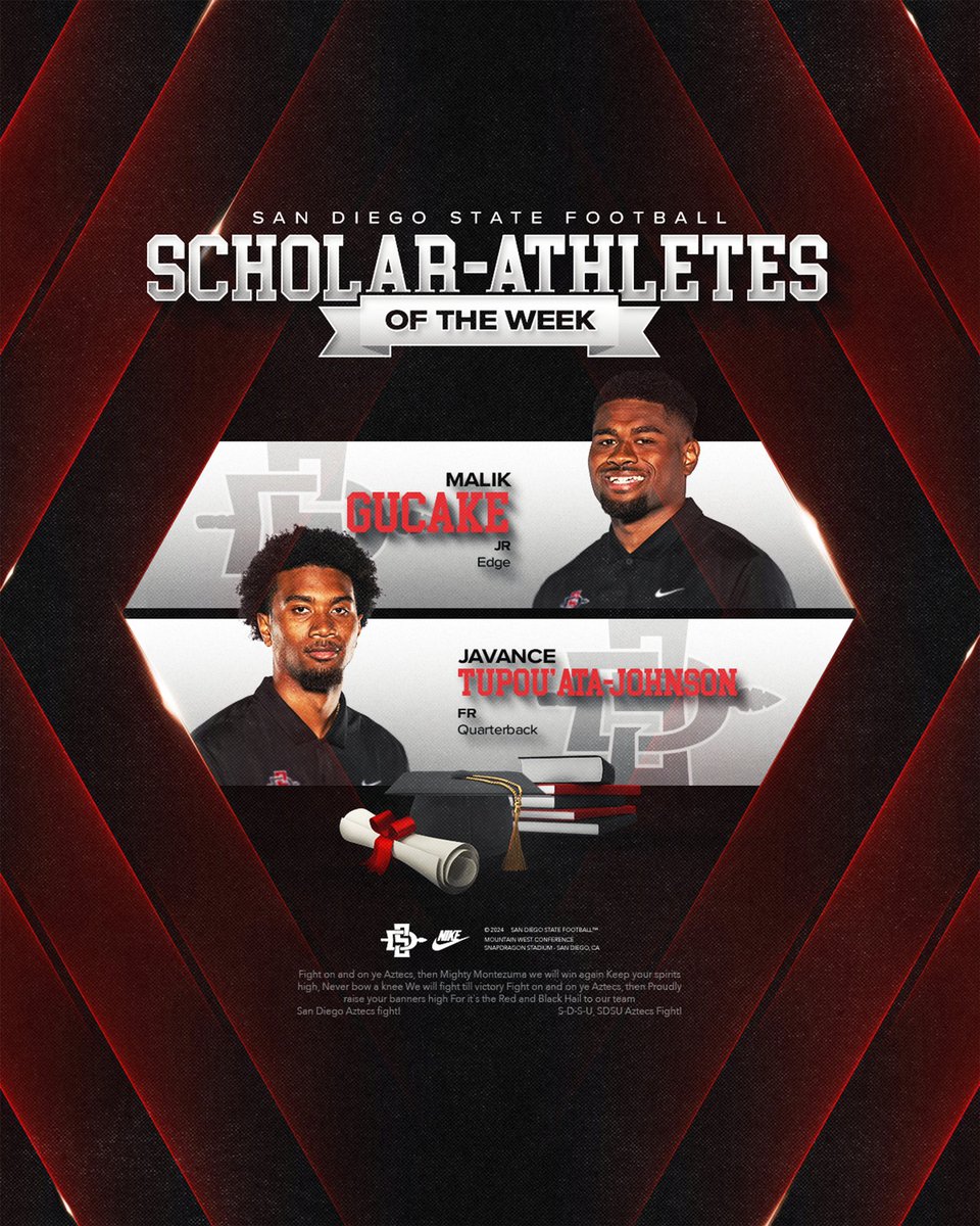 San Diego State Football (@aztecfb) on Twitter photo Congratulations to our Scholar-Athletes of the Week! 👏
#AztecFAST🍢 x #BeTheA1pha🐺 Congratulations to our Scholar-Athletes of the Week! 👏
#AztecFAST🍢 x #BeTheA1pha🐺
