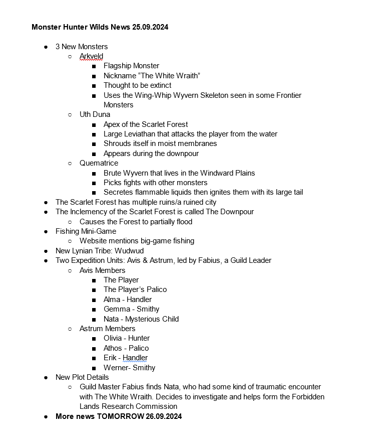 Oceaniz96's tweet photo. If you were completely blindsided by that new Monster Hunter Wilds trailer and need help digesting/gathering all the info, I threw together another one of my summaries

Do note that we will get more news in like 15 hours during Capcoms TGS presentation lmfao https://t.co/05hAm4colF