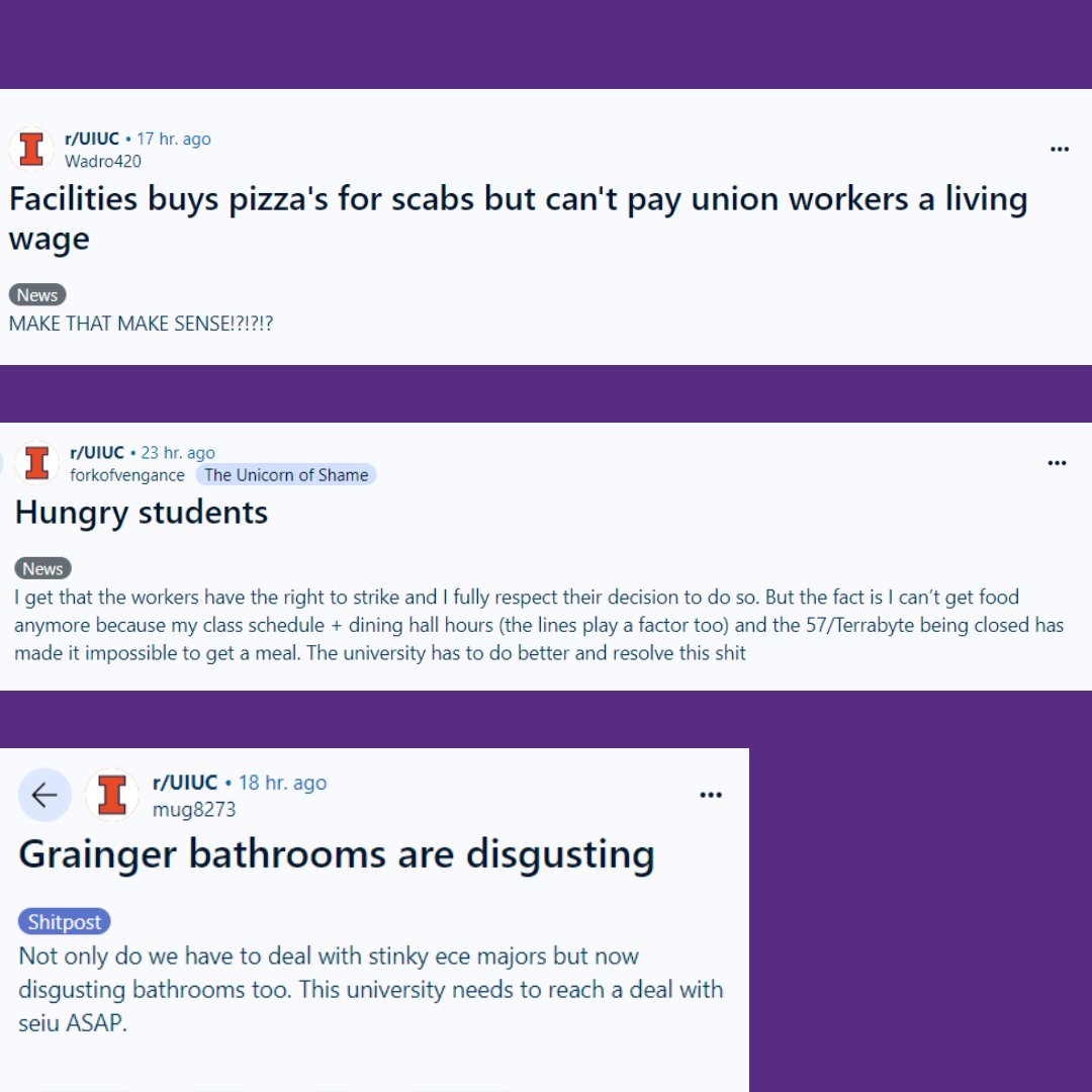 Day two of the UIUC strike 👀 Students are feeling the difference between Food Service workers who know how to cook and prepare food quickly versus managers forced to step in at the last minute. (Taken from Reddit r/UIUC)