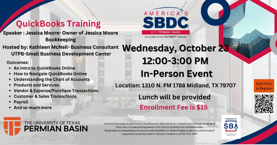 Ready to take your bookkeeping skills to new heights? Join us for an IN-PERSON QuickBooks training event that will have you soaring with confidence. Enroll now for $15!
Where: Midland Campus, Discovery Classroom
Sign up here: nwtsbdc.ecenterdirect.com/events/16475
Lunch will be provided.
