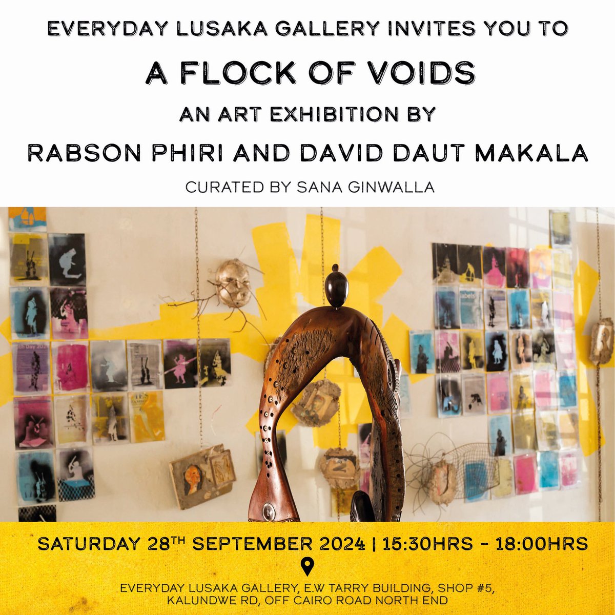 In “A Flock of Voids”, malleable and unyielding materialities are presented alongside one another. Using wood and aluminium, Rabson Phiri and  David Makala respectively carve and imprint stories of dance, labour, society and traditions through abstract and familiar figurations.