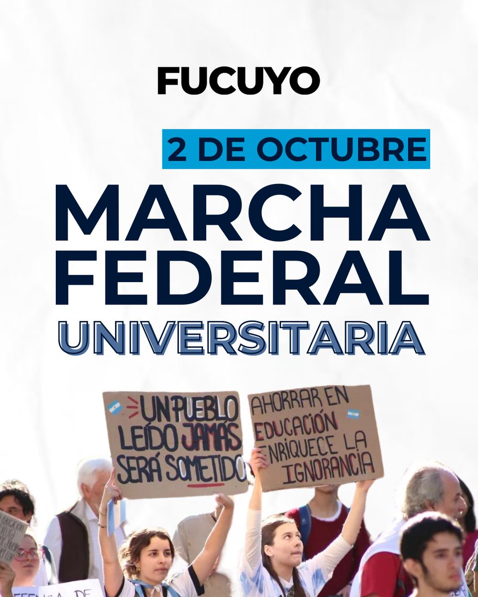 fucuyomendoza's tweet photo. EDUCACIÓN NO SE VETA, SE DEFIENDE! 🇦🇷

El próximo miércoles 02 de octubre nos vemos en cada lugar del país para defender nuestras universidades ✊🏻 https://t.co/NXnzAvaIXZ