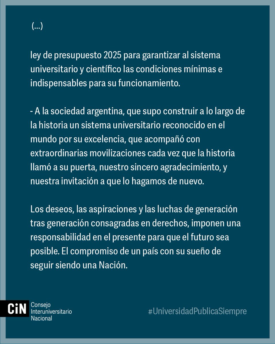 "Para seguir siendo una Nación, SI al financiamiento universitario" 

Compartimos el comunicado del <a href="/CINoficial/">CIN</a> que llama a apoyar la Ley de Financiamiento Universitario