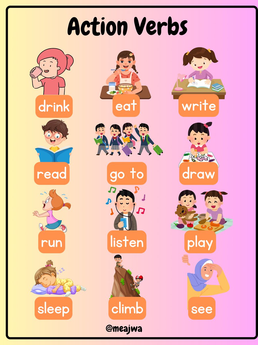 ajwanaraya's tweet photo. Learning English is more fun with this picture! 🤩 This image shows some common action verbs used in the English language. 🎉 Let's learn together! 📚 
#learnenglish #vocabulary #actionverbs #englishlearning #kidslearning #education https://t.co/lW5MPwIqzs
