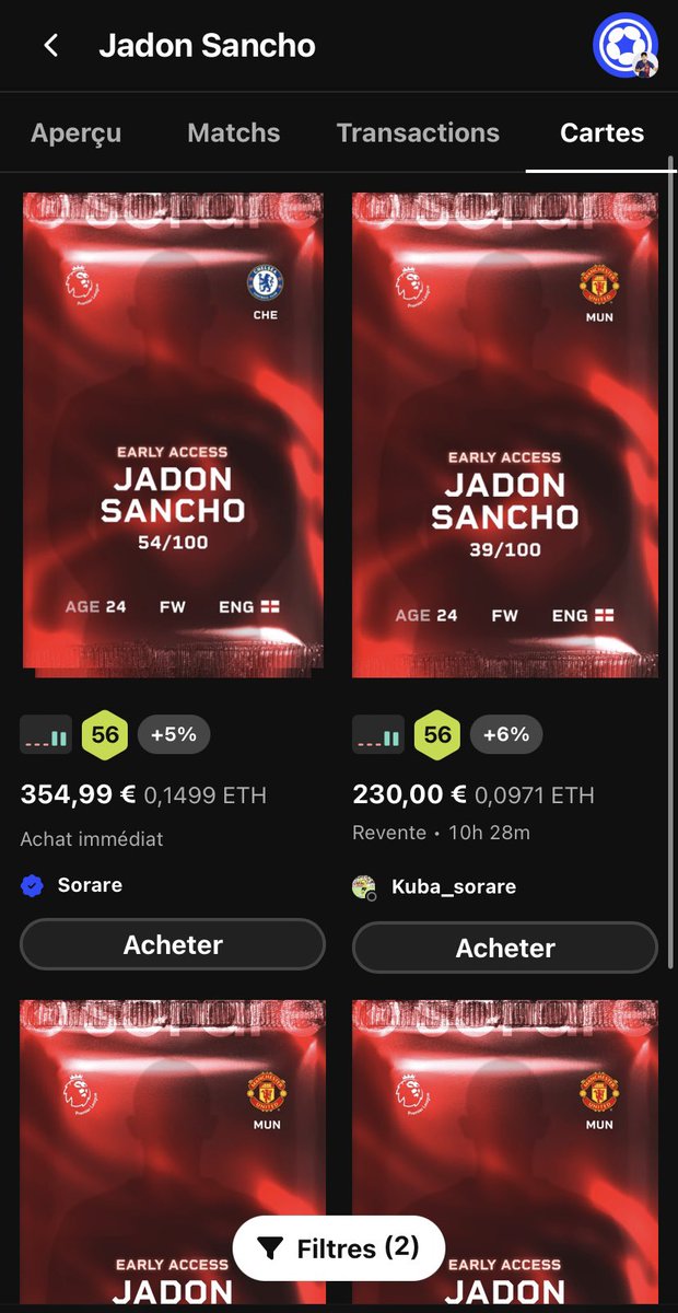 Je l’ai vendu à 95€ il y’a 4 jour…

J’aurais pu le vendre 3 fois plus cher maintenant… 😮‍💨
(surtout que je suis en manque de solde sorare 😮‍💨)

#sorare