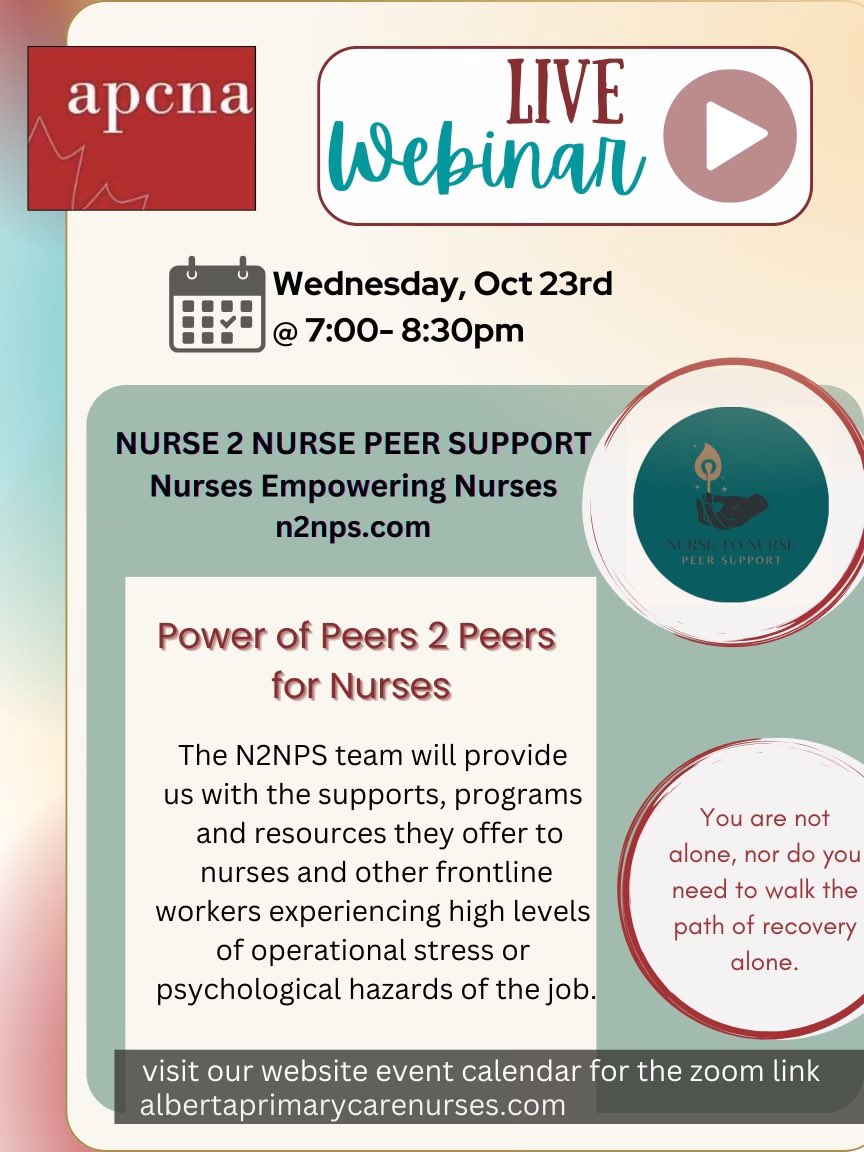 PCNursesAb's tweet photo. We’re back!! 🎉 
Celebrating our return with an upcoming FREE LIVE WEBINAR! 

We are excited to welcome Katrina Stephenson from Nurse 2 Nurse Peer Support! 👩‍⚕️ 👨‍⚕️ 🧑‍⚕️ 

Save the Date 📅: Oct 23, 2024 
Time ⏰: 7:00-8:30pm MST https://t.co/fMLHg48cLa