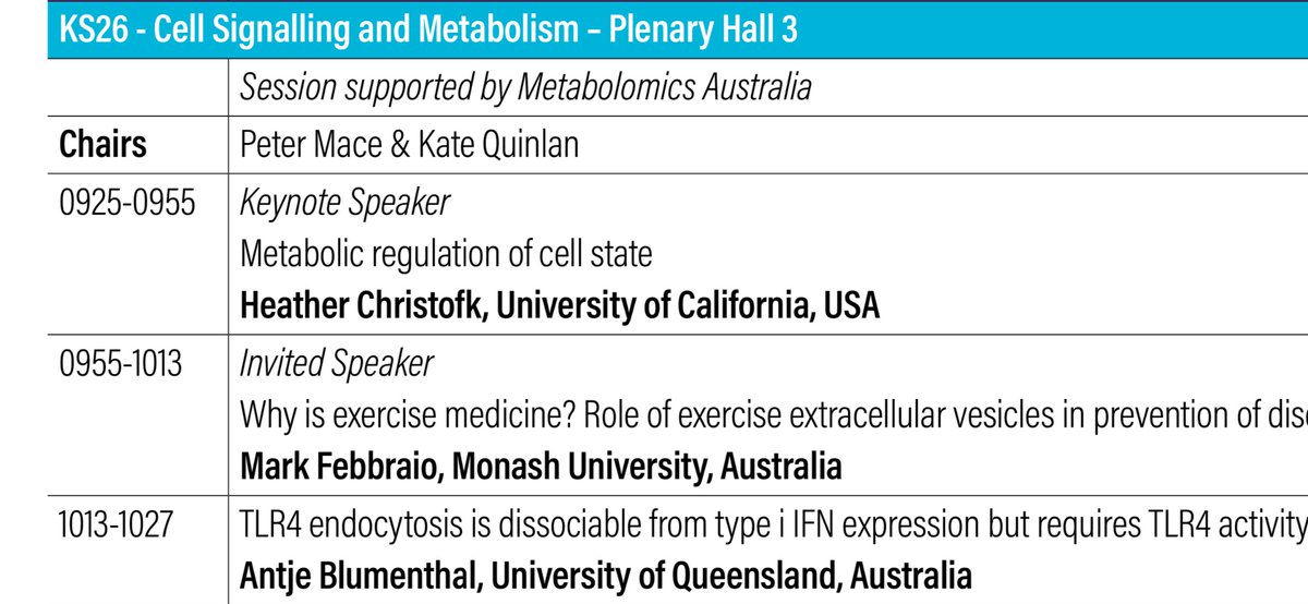 KateGQuinlan's tweet image. What’s on today at @bmh2024Melb? Join @MacePeter & me for the ‘Cell Signalling and Metabolism’ plenary session at 9:25 this morning in Plenary Hall 3, starring @hchristofk (@ChristofkLab), @FebbraioMark & @Blumenthal_Lab!