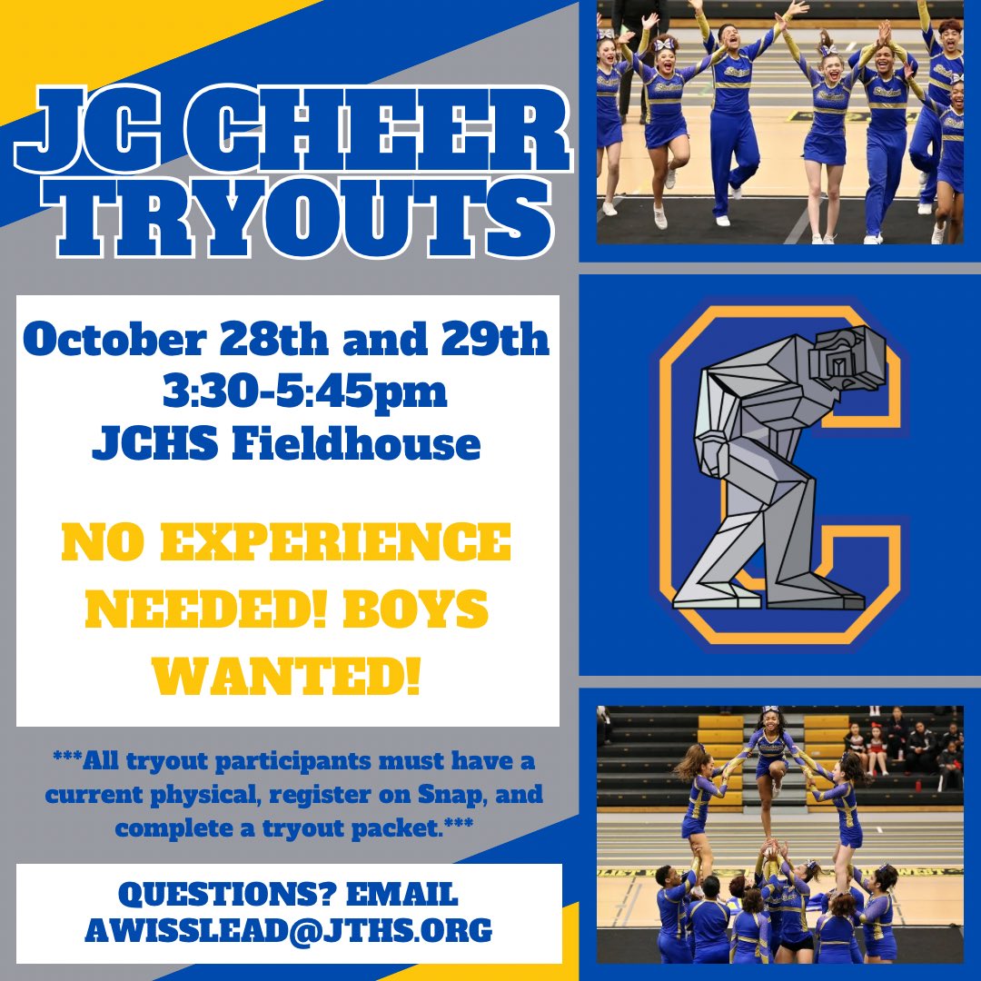 Joliet Central Cheer (@jc_cheerleading) on Twitter photo TRYOUTS ARE COMING!!! ๐คฉ๐ฅ Come be apart of something great! ๐ฉ๐ No experience needed - boys wanted! Tryout packets are available in the athletic office & rooms 339, 121, and 305! Email questions to awisslead@jths.org TRYOUTS ARE COMING!!! ๐คฉ๐ฅ Come be apart of something great! ๐ฉ๐ No experience needed - boys wanted! Tryout packets are available in the athletic office & rooms 339, 121, and 305! Email questions to awisslead@jths.org