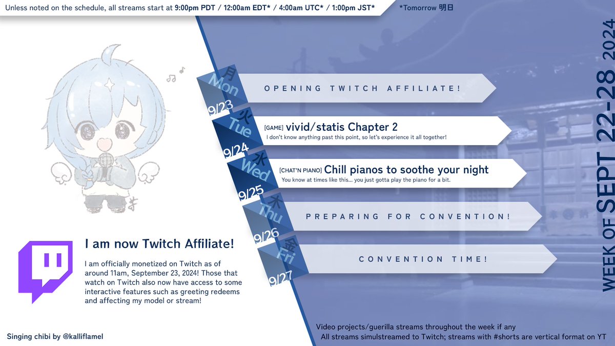 IwanamiLure's tweet photo. 🌊🎹 THIS WEEK SCHEDULE 9/22-28 🎹🌊
ICYMI I got Twitch Affiliate recently!
Been a while since I've had a chat'n piano :o
live/general tag: #lurecast
art tags: #luregraphy #いわなみるあーと
city of luremates (discord): https://t.co/3fExYtyqAZ
vgen (OPEN): https://t.co/ObrPJzXVac https://t.co/8wemrNubdi
