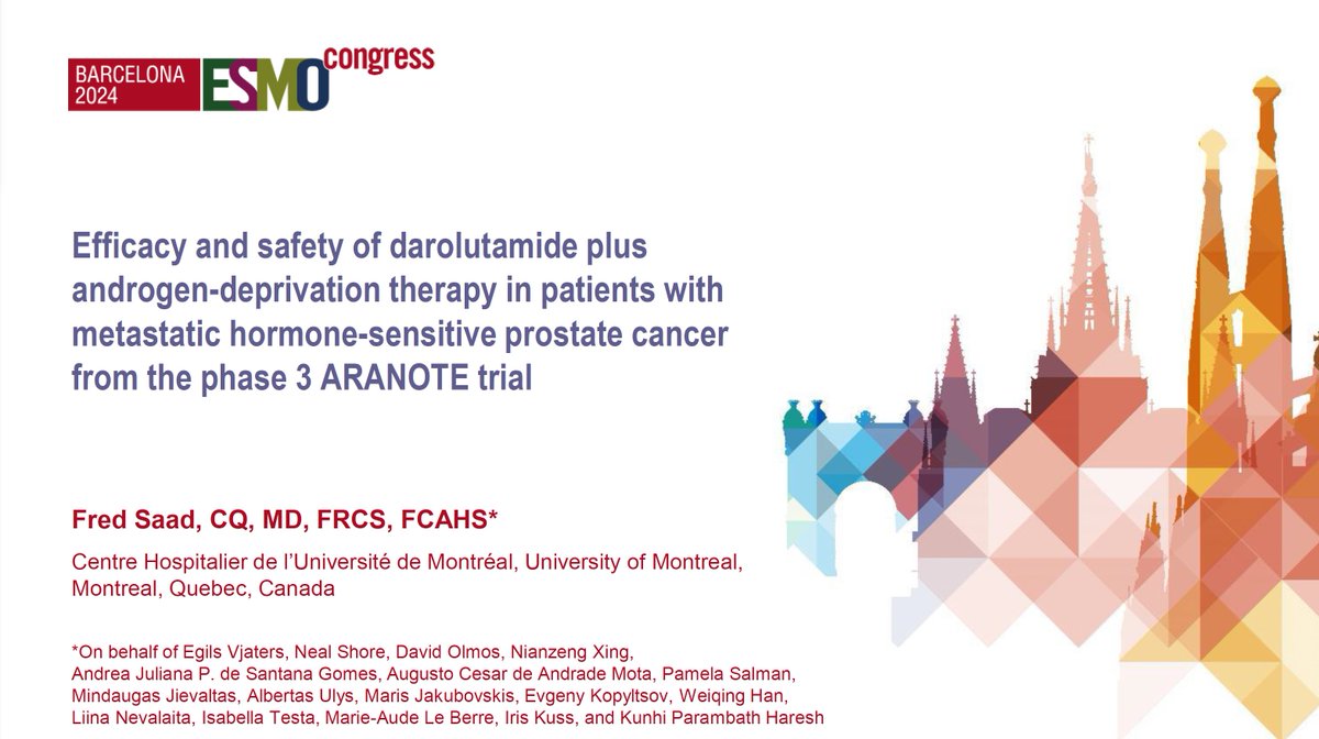 neerajaiims's tweet photo. At #UromigosLive24 👉ADT+Darolutamide vs. ADT in ph3 ARANOTE in pts w/ mHSPC #ProstateCancer from #ESMO24 👉Adding darolutamide significantly prolonged rPFS (HR 0.54) w/ a favorable safety profile 👉https://t.co/0XEs6Lnpsg👇
#FredSaad @PCF_Science @Uromigos @urotoday @OncoAlert https://t.co/wgdcDzvjQq