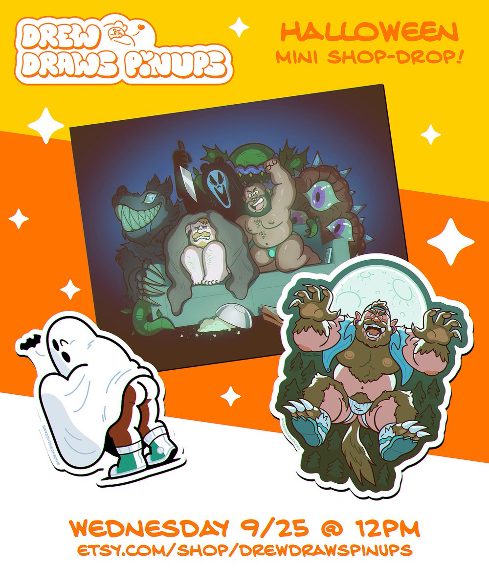 DrewDrawsPinups's tweet image. Heads up, my Halloween mini shop-drop is happening tomorrow at 12pm PDT on my shop! New print and stickers, and sale items! Be there and be SCARED! WooOOOoooOOoooOOOooooOOOoo! (Link in thread)