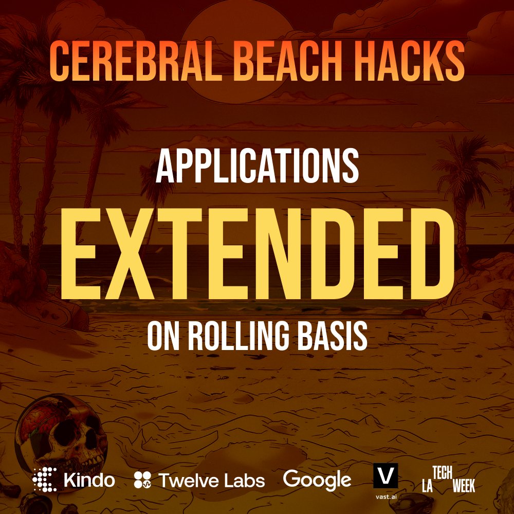 AILA_Community's tweet photo. Due to popular demand, we have opened up additional application slots for Cerebral Beach Hacks! If you haven't applied yet for LA's largest AI hackathon kicking off LA TECH WEEK by a16z– do so today at https://t.co/0lT1oyH3sc. https://t.co/hBSc8xKq9t