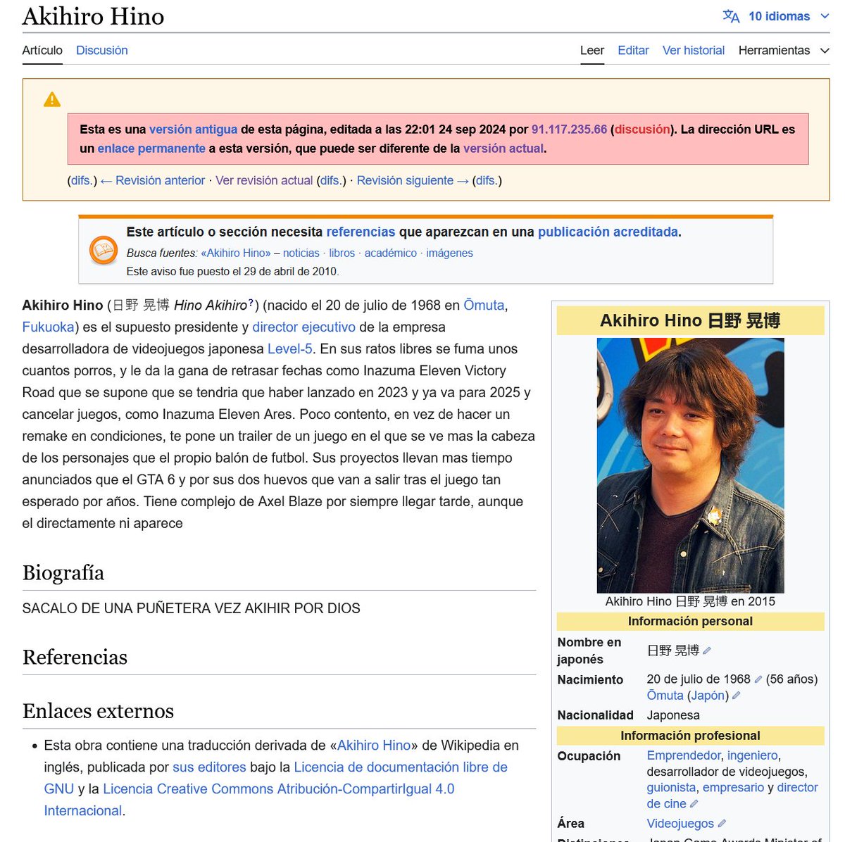 inazumerosx's tweet photo. Ayer, la página de Wikipedia en español de Akihiro Hino fue actualizada tras el nuevo retraso de INAZUMA ELEVEN: Victory Road y el anuncio del remake del primer juego, Inazuma Eleven RE. https://t.co/S0TnynKPHC