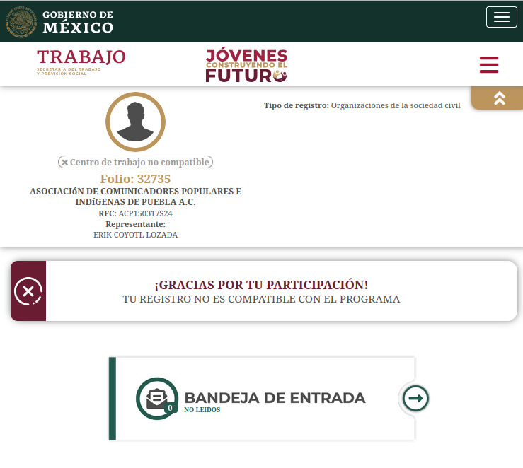 ¿Algún centro de trabajo no lucrativo que se haya inscrito en la Plataforma de <a href="/JovConFuturo/">Jóvenes Construyendo el Futuro</a> le hicieron esta jugada de aceptarlos y luego decirles que su centro de trabajo no es compatible con el programa después de actualizar sus datos? 

#ApoyoARadiosComunitarias