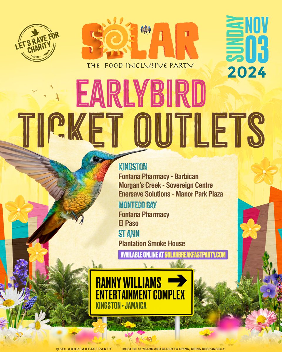 #SolarBreakfastParty (@solarbfparty) on Twitter photo Get your S☀️LAR KINGSTON Early bird Tickets now at these locations:
KGN
- Morgan’s Creek, Sovereign Centre
- Fontana Pharmacy, Barbican
- Enersave Solutions, Manor Park
MBJ
- Fontana Pharmacy 
- El Paso Fashion
St. ANN
- Plantation Smokehouse
See you on Sunday November 3rd! Get your S☀️LAR KINGSTON Early bird Tickets now at these locations:
KGN
- Morgan’s Creek, Sovereign Centre
- Fontana Pharmacy, Barbican
- Enersave Solutions, Manor Park
MBJ
- Fontana Pharmacy 
- El Paso Fashion
St. ANN
- Plantation Smokehouse
See you on Sunday November 3rd!