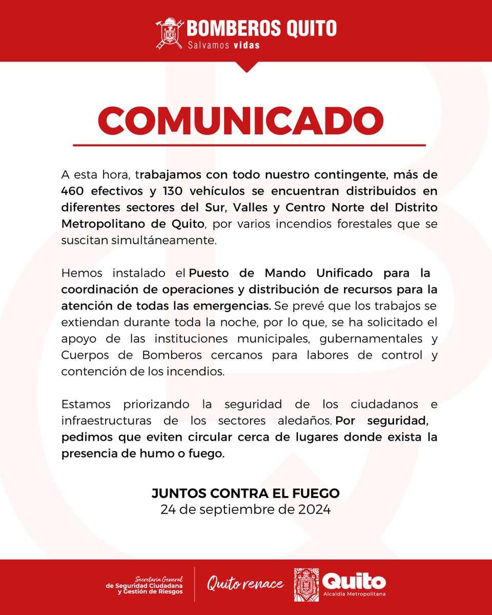 BomberosQuito's tweet photo. 📍#Comunicado | 18h30 - Frente a los incendios forestales que se registran a esta hora en nuestra ciudad informamos. https://t.co/00tjgTpUd4