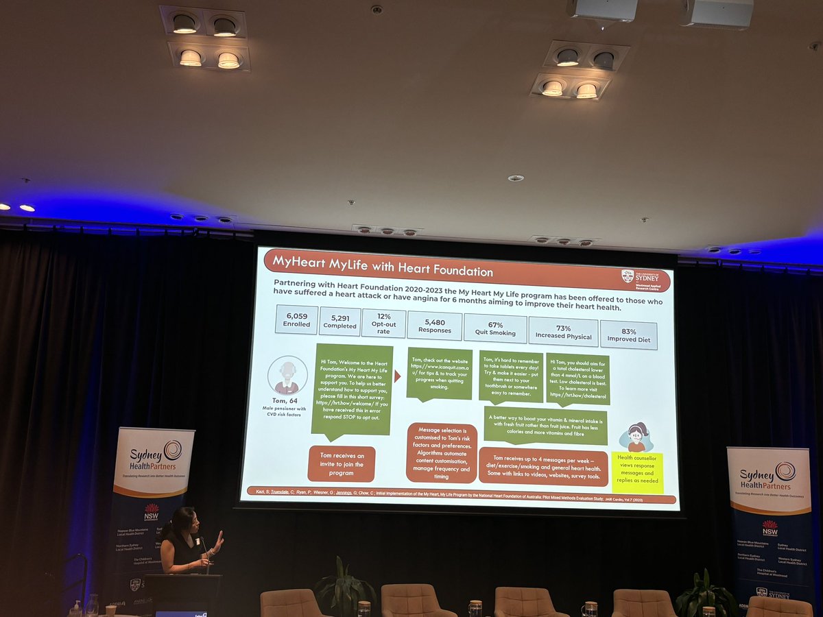 CathieSherr's tweet image. Inspiring talk from @clara_chow @WARC_USYD about the journey of embedded digital health interventions into routine care after the successful trial of text messages after cardiac events at @SHPartners #CTSymposium