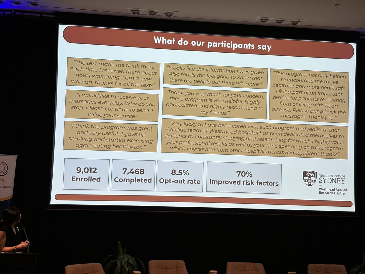 CathieSherr's tweet image. Inspiring talk from @clara_chow @WARC_USYD about the journey of embedded digital health interventions into routine care after the successful trial of text messages after cardiac events at @SHPartners #CTSymposium