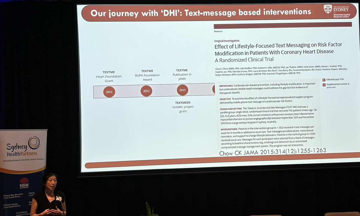 CathieSherr's tweet image. Inspiring talk from @clara_chow @WARC_USYD about the journey of embedded digital health interventions into routine care after the successful trial of text messages after cardiac events at @SHPartners #CTSymposium